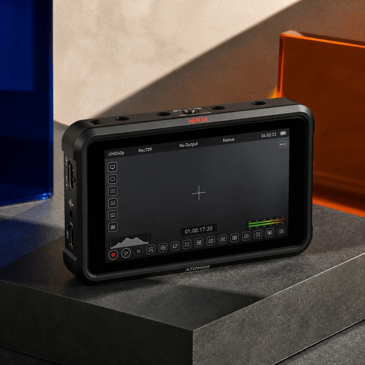 Atomos Ninja / Ninja Ultra photographed on the cobalt, orange and charcoal FRAMEHAUS studio stage