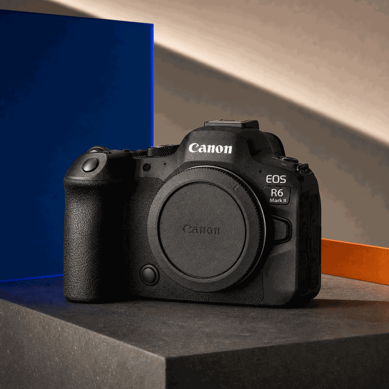 Canon EOS R6 Mark II body with RF body cap on a cobalt, orange and warm plaster FRAMEHAUS set