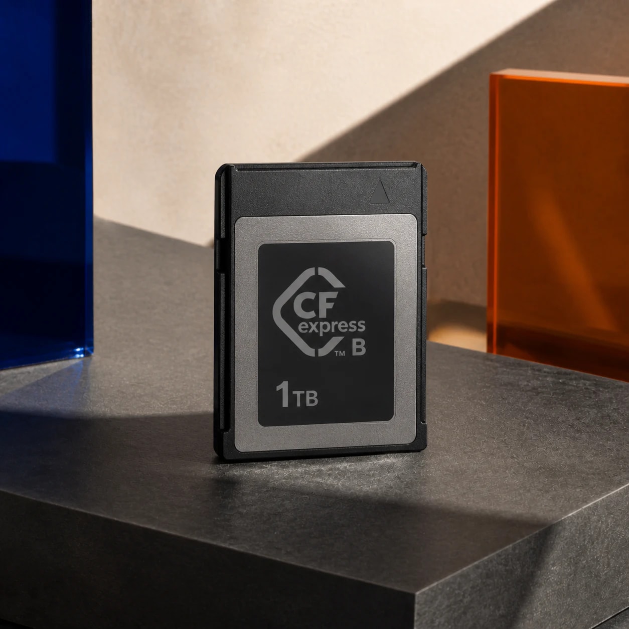 CFexpress Card — 1TB photographed on the cobalt, orange and charcoal FRAMEHAUS studio stage