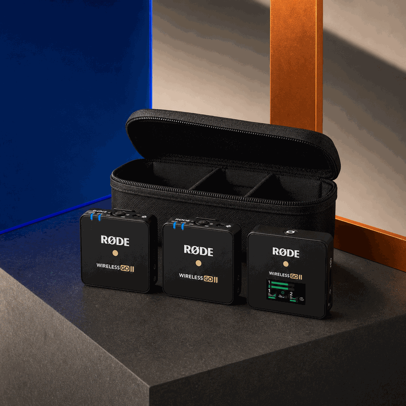RODE Wireless GO II dual-channel receiver and two transmitters arranged on a FRAMEHAUS studio set