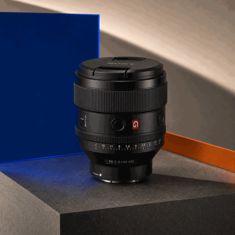 Sony FE 50mm F1.2 GM lens with authentic G Master controls on a sculptural FRAMEHAUS set