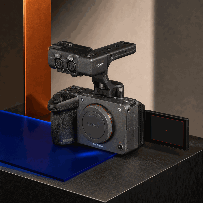 Sony FX3 Cinema Line body with XLR handle, grey E-mount body cap and open monitor on a FRAMEHAUS set