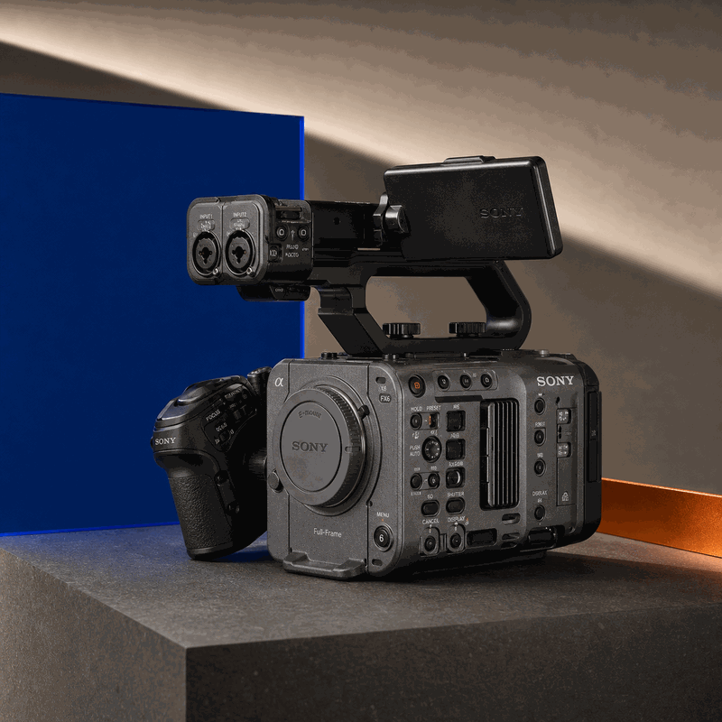 Sony FX6 full-frame cinema camera with body cap, Smart Grip, top handle and monitor on a sculptural FRAMEHAUS studio set